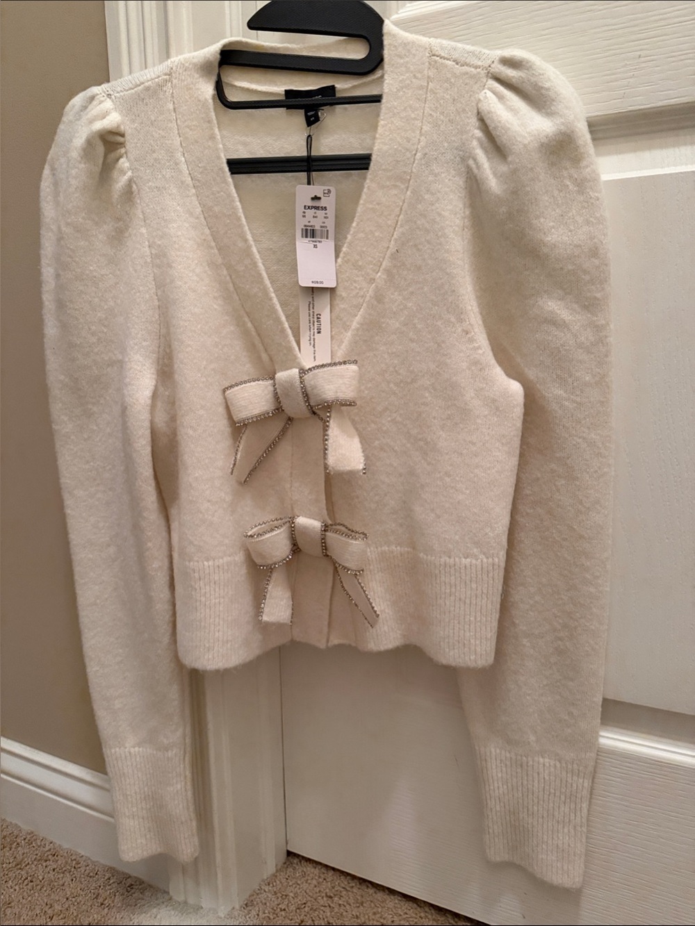 Express Cream embellishment Bow-Front Puff Sleeve Sweater-NWT
